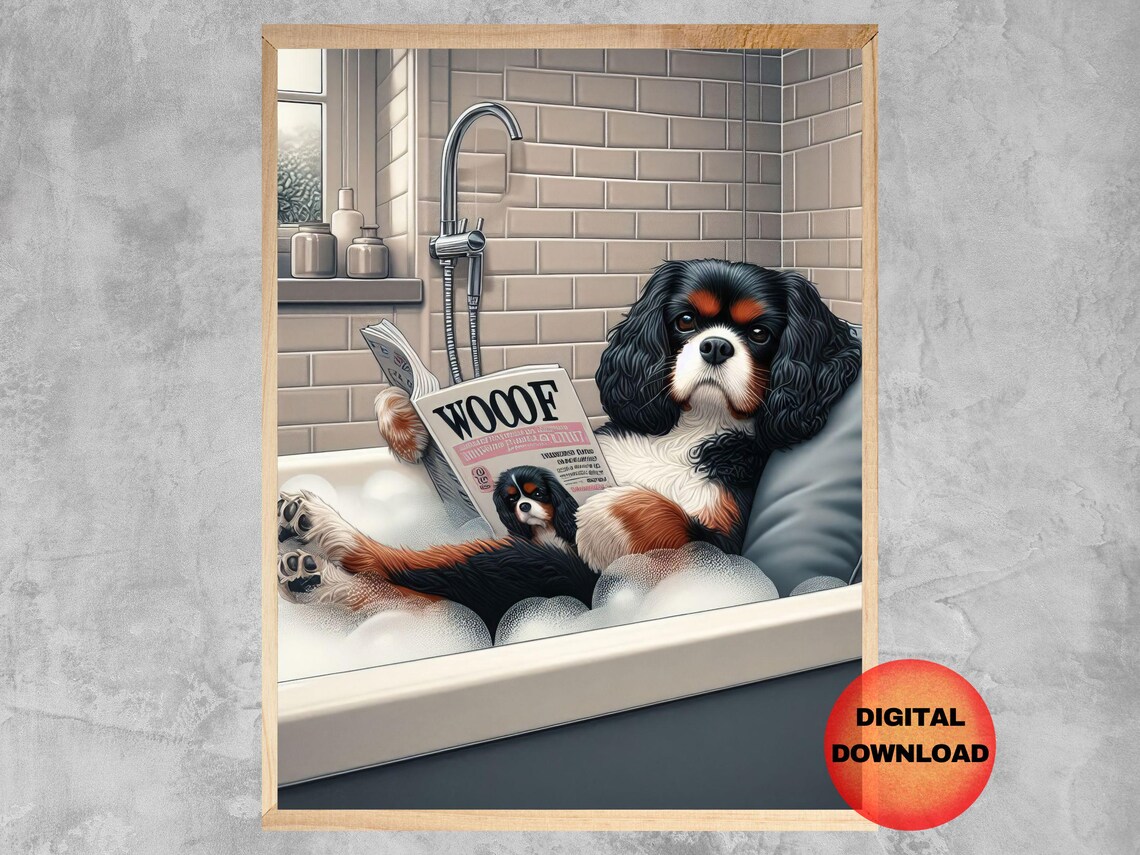 Tricolor Cavalier King Charles Spaniel, Bathroom Art Print
