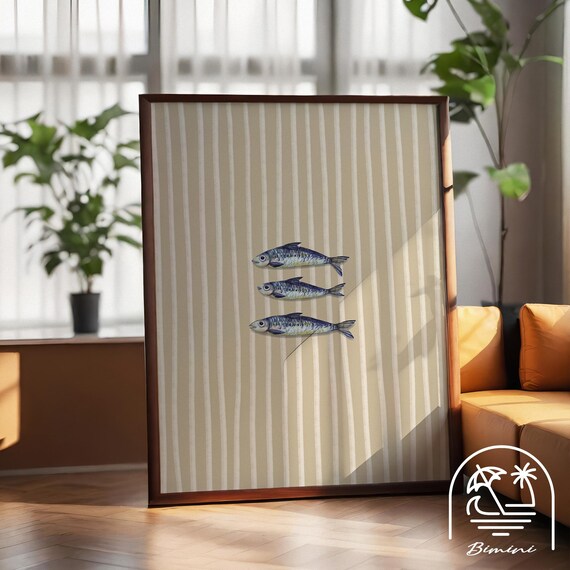 Beige Sardine Print Kitchen Wall Art Fish Retro Decor Pike Vintage Hand Drawn Sea Food Poster