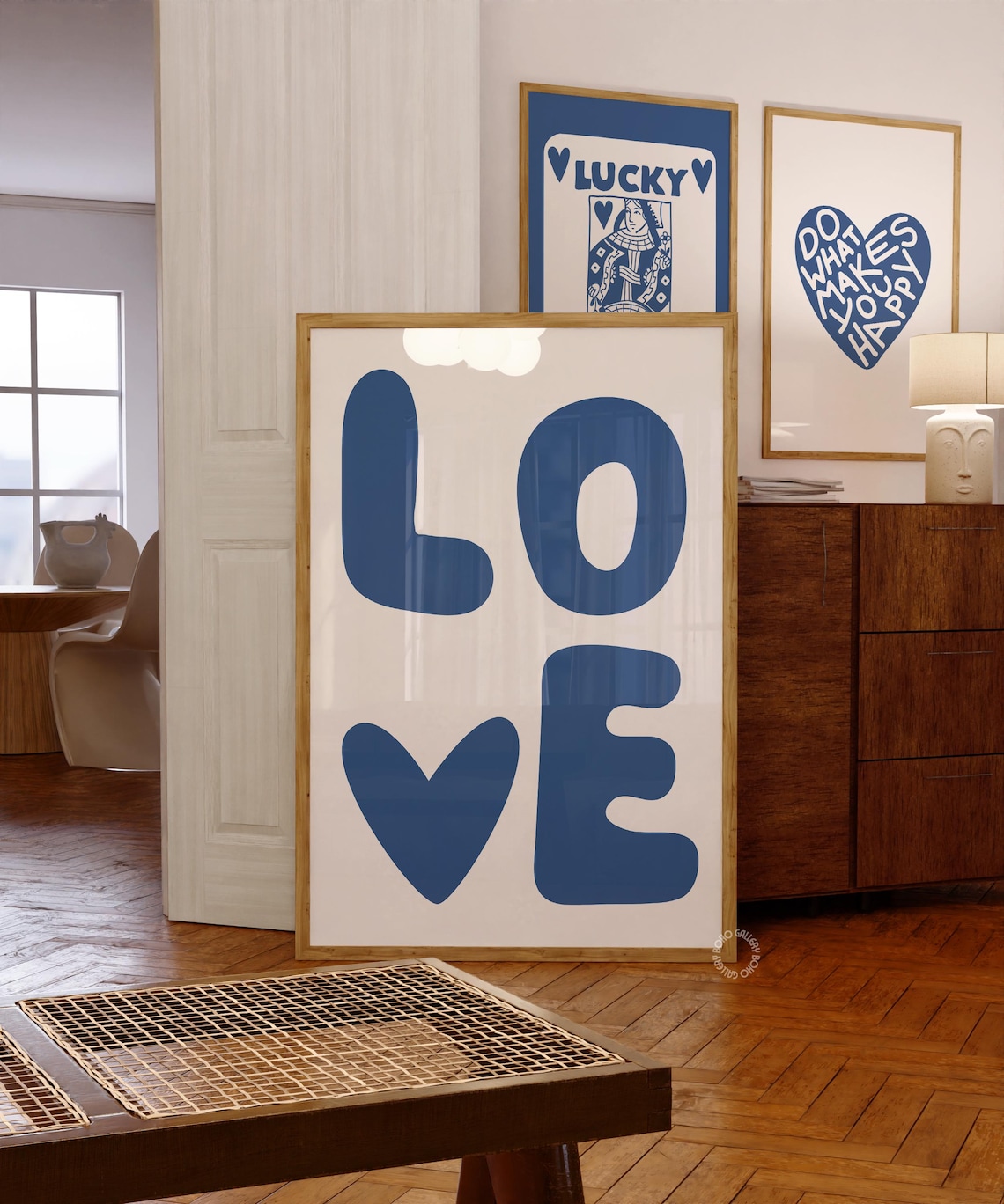 Heart Print, Blue Aesthetic Retro Wall Art