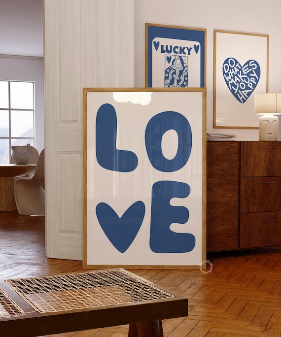 Heart Print, Blue Aesthetic Retro Wall Art