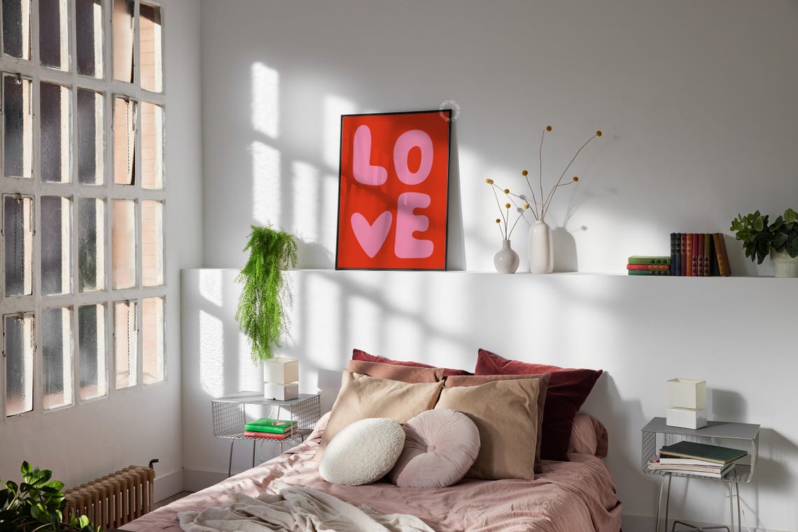 Red Background Pink LOVE Heart Typography Poster Bold Retro Decor - Image 2