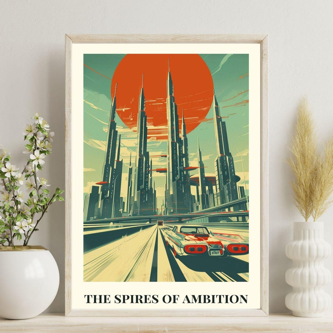 The Spires Of Ambition Retro Futuristic City Red Sun Skyline Poster