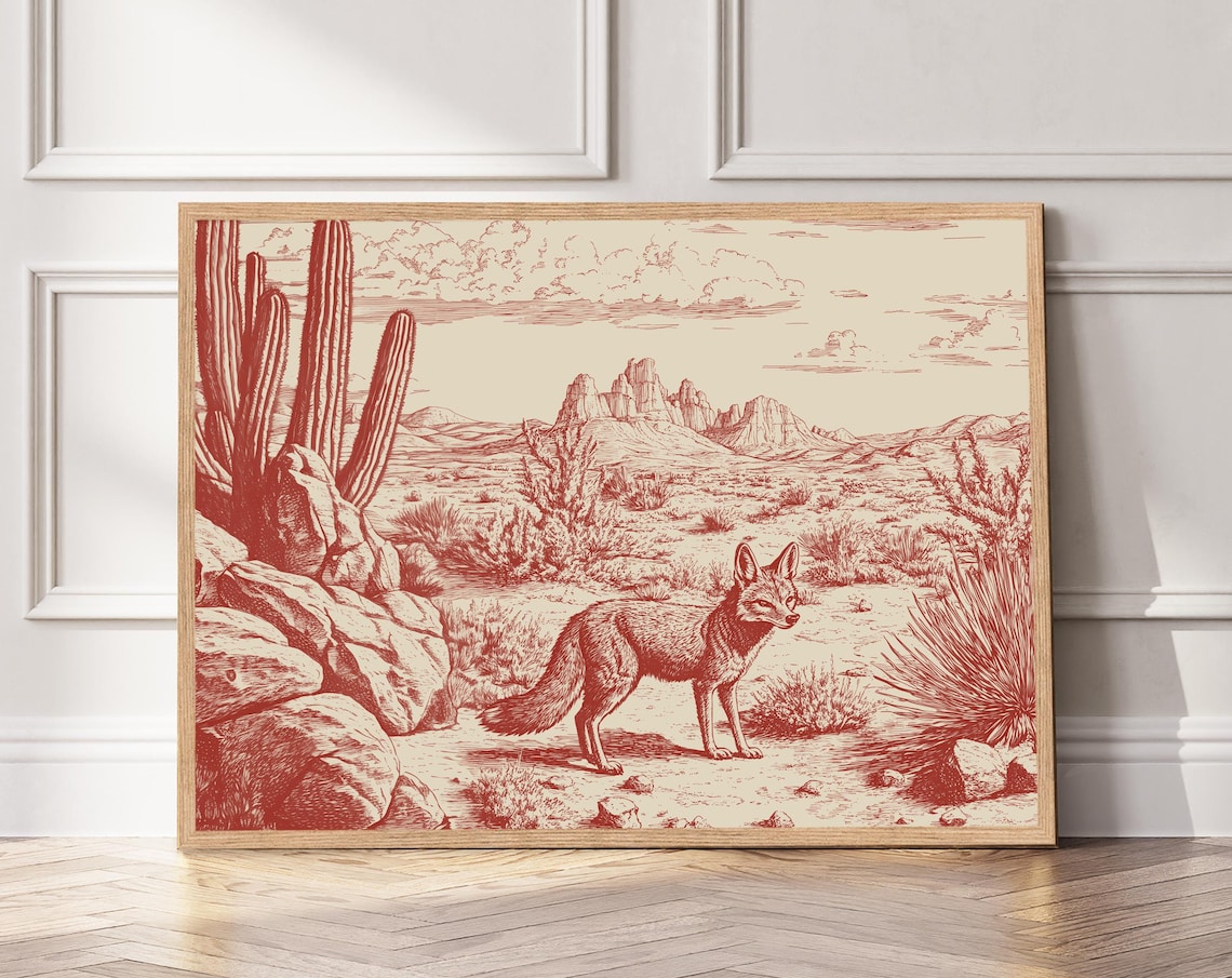 Coyote Desert Landscape Art Print Red Terracotta Engraving Style