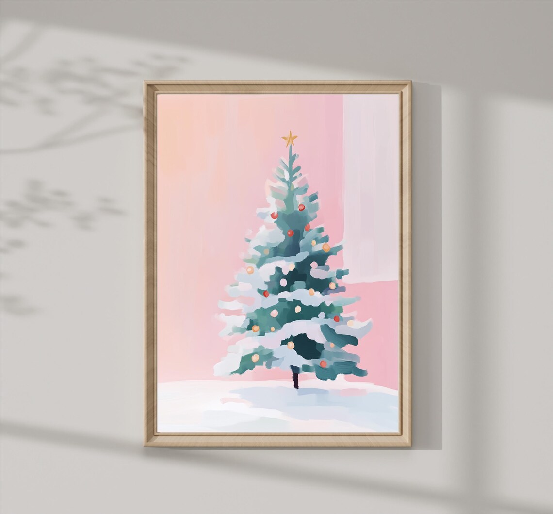 Snowy Christmas Tree Ornaments Pink Background Holiday Art Print