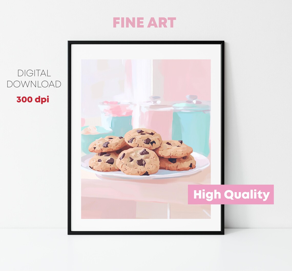 Chocolate Chip Cookies On Plate Pastel Kitchen Food Art Poster - Image 2