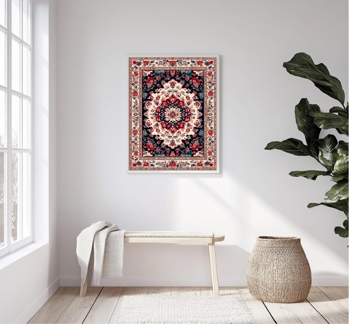 Vintage Persian Rug Pattern Red Navy Cream Medallion Antique Wall Art - Image 5