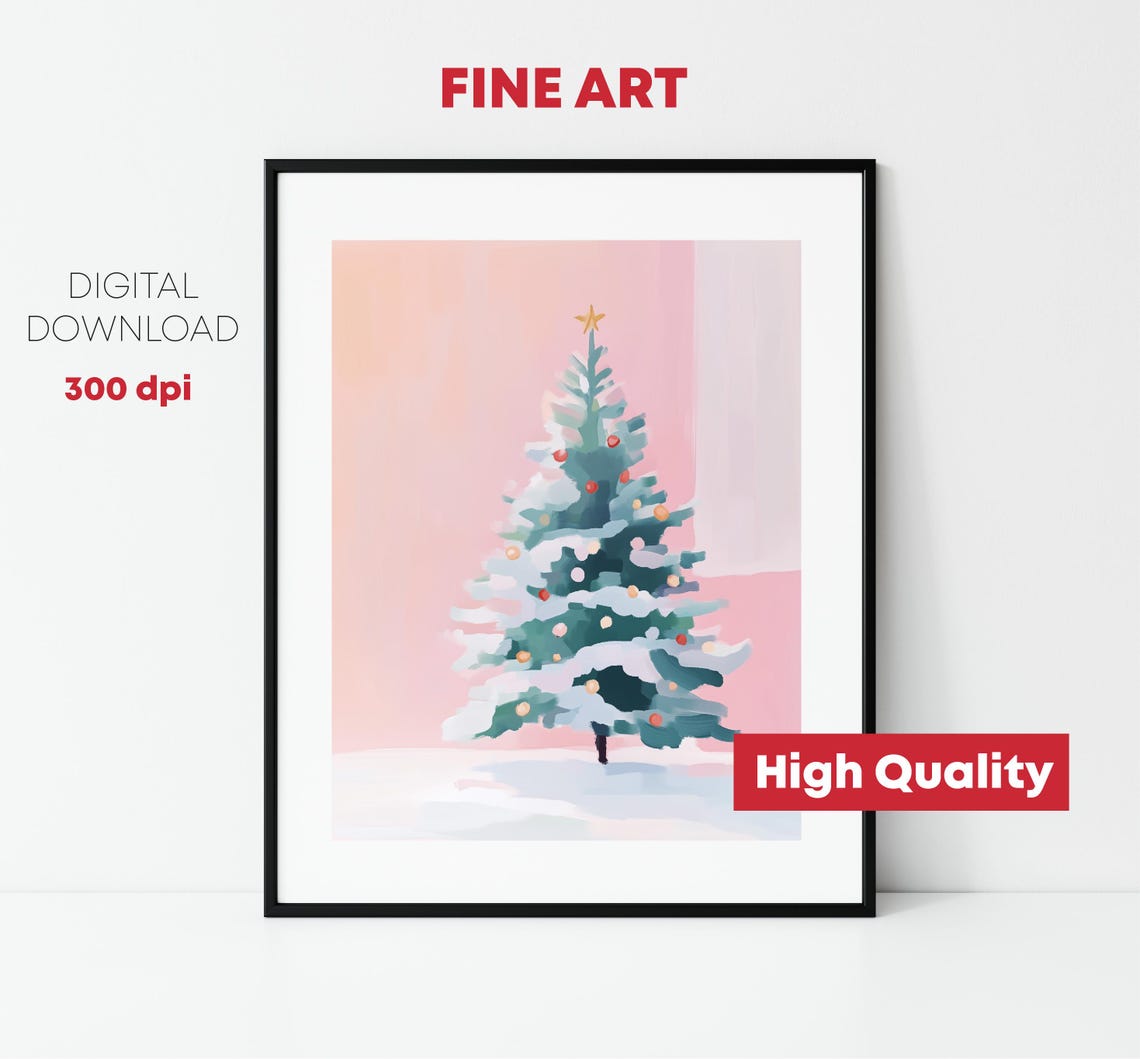 Snowy Christmas Tree Ornaments Pink Background Holiday Art Print - Image 2