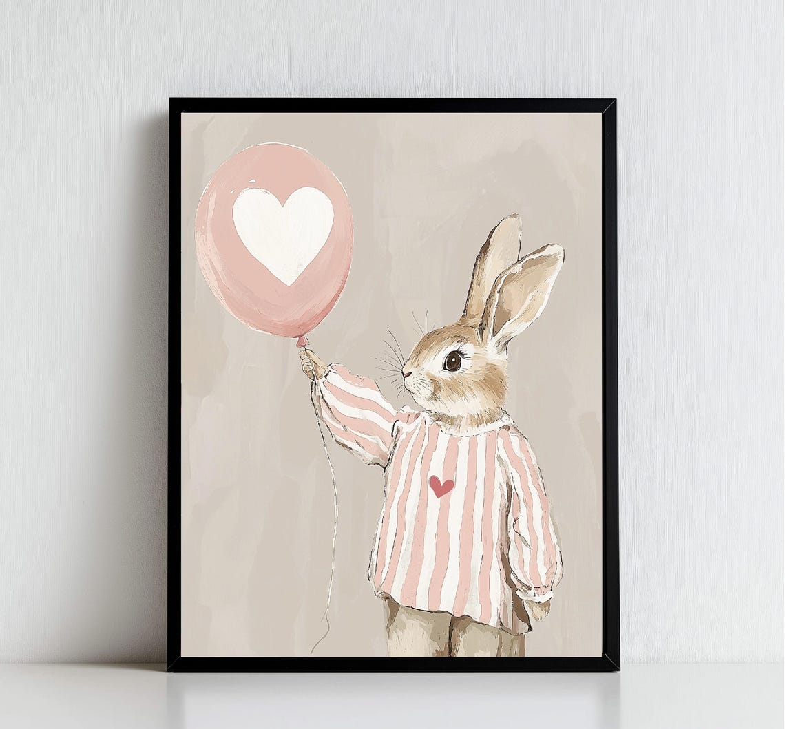 Bunny Rabbit Holding Pink Heart Balloon Watercolor Kids Wall Art - Image 3