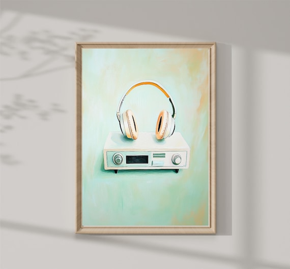 Vintage Headphones Resting On Retro Stereo Receiver Pastel Music Poster