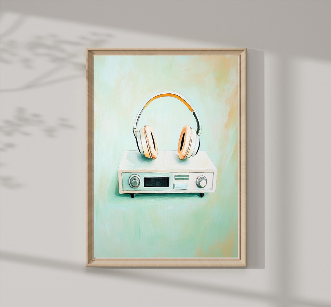 Vintage Headphones Resting On Retro Stereo Receiver Pastel Music Poster