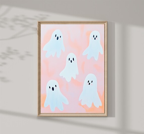 Cute White Ghosts Pink Pastel Halloween Party Kids Art Poster