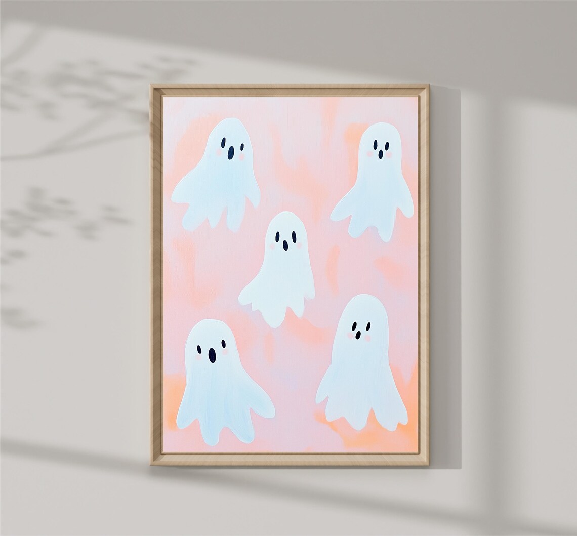 Cute White Ghosts Pink Pastel Halloween Party Kids Art Poster