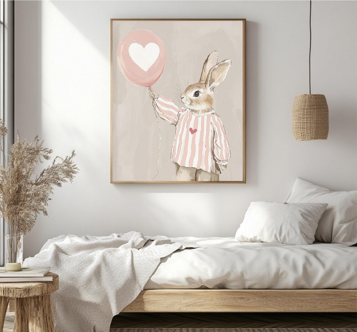 Bunny Rabbit Holding Pink Heart Balloon Watercolor Kids Wall Art - Image 5