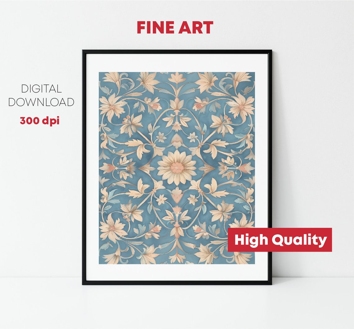 Blue Cream Indian Floral Pattern Ornate Traditional Textile Print - Image 2