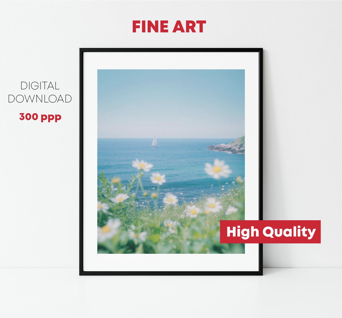 Sailboat On Blue Ocean Daisy Foreground Coastal Photography Poster - Image 2