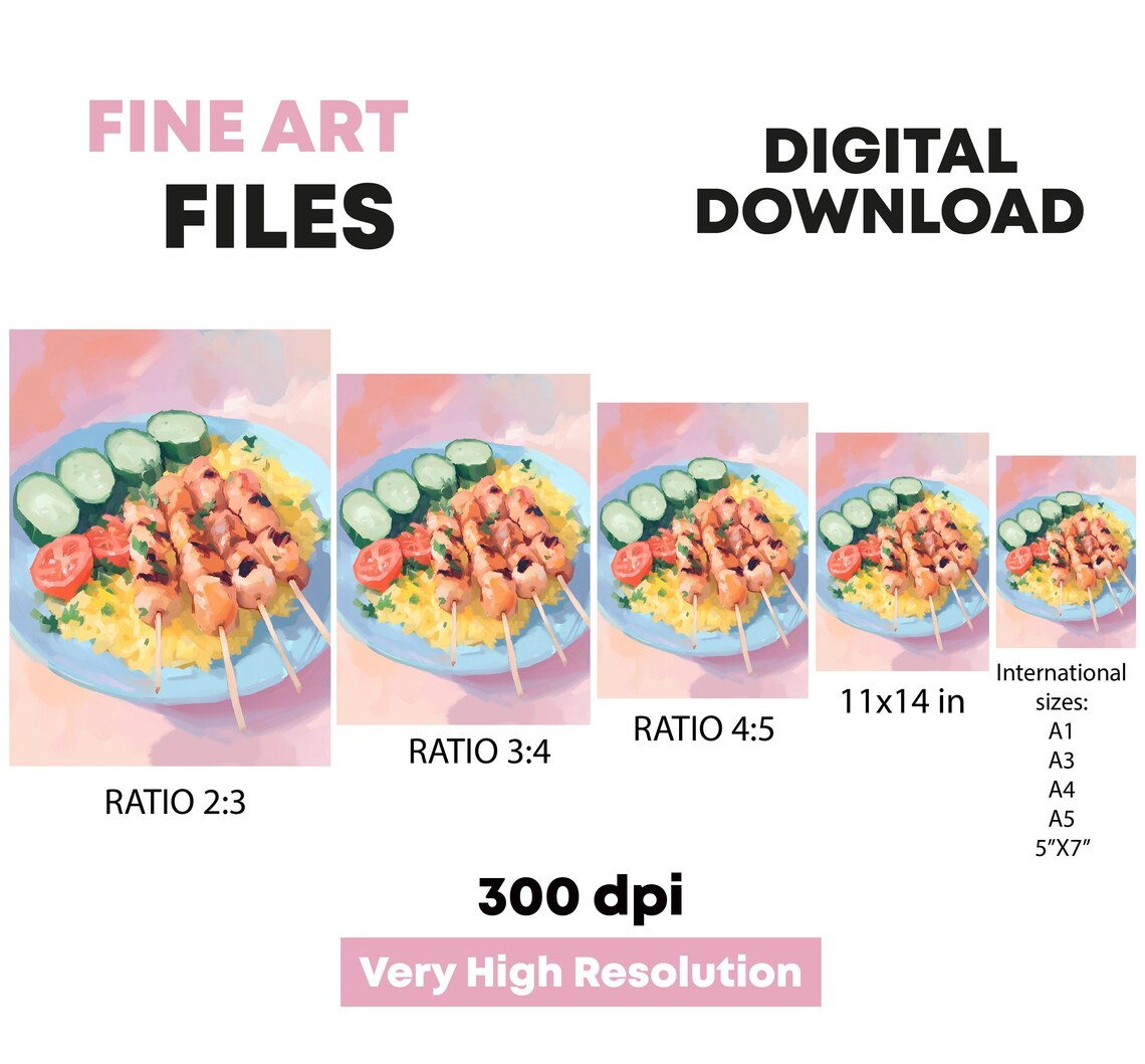 Grilled Chicken Skewers Plate Painting Pink Background Kitchen Poster - Image 5