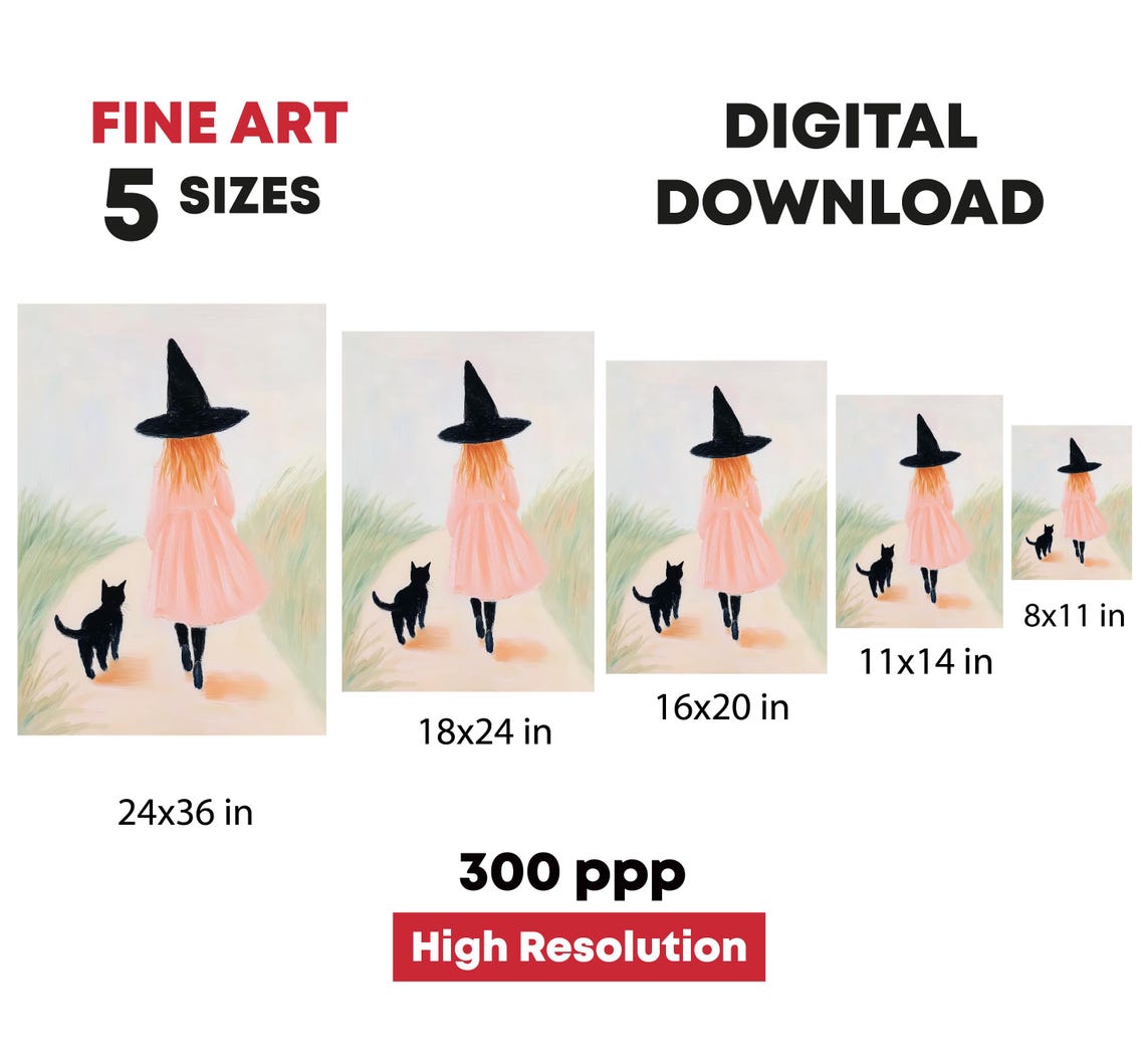 Little Witch Girl With Black Cat Walking Path Pink Halloween Print - Image 4