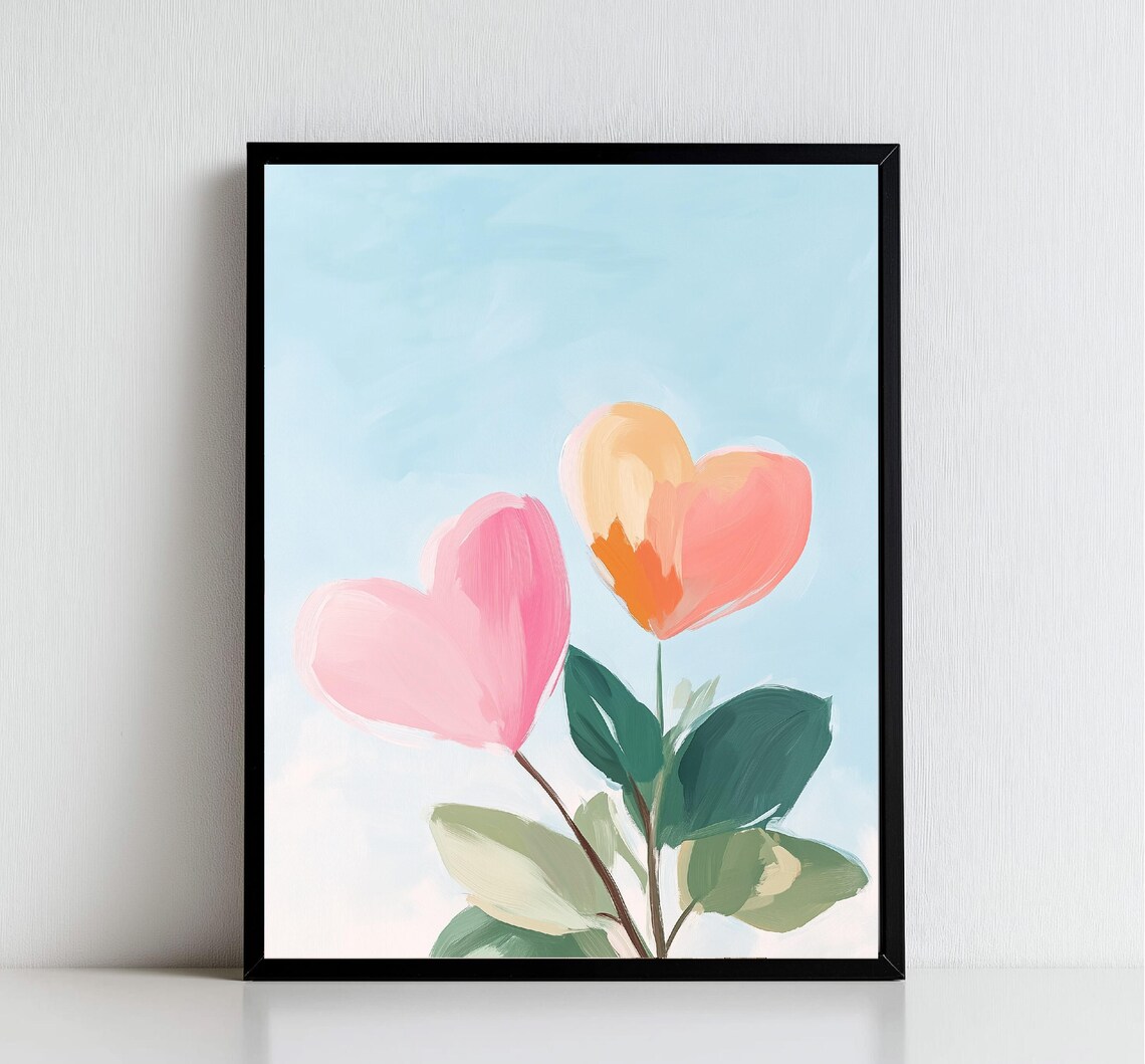 Heart Shaped Flowers Soft Watercolor Pink Blooms Floral Wall Art - Image 2
