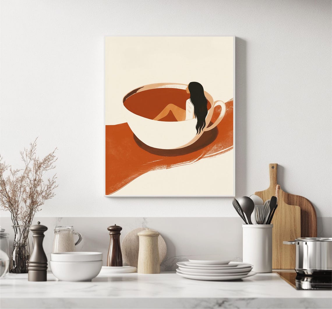 Girl Inside Giant Coffee Cup Illustration Warm Minimalist Wall Art - Image 5