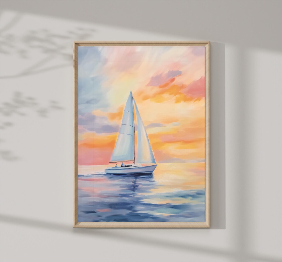 Sailboat At Sunset Pastel Orange Sky Serene Nautical Seascape Poster