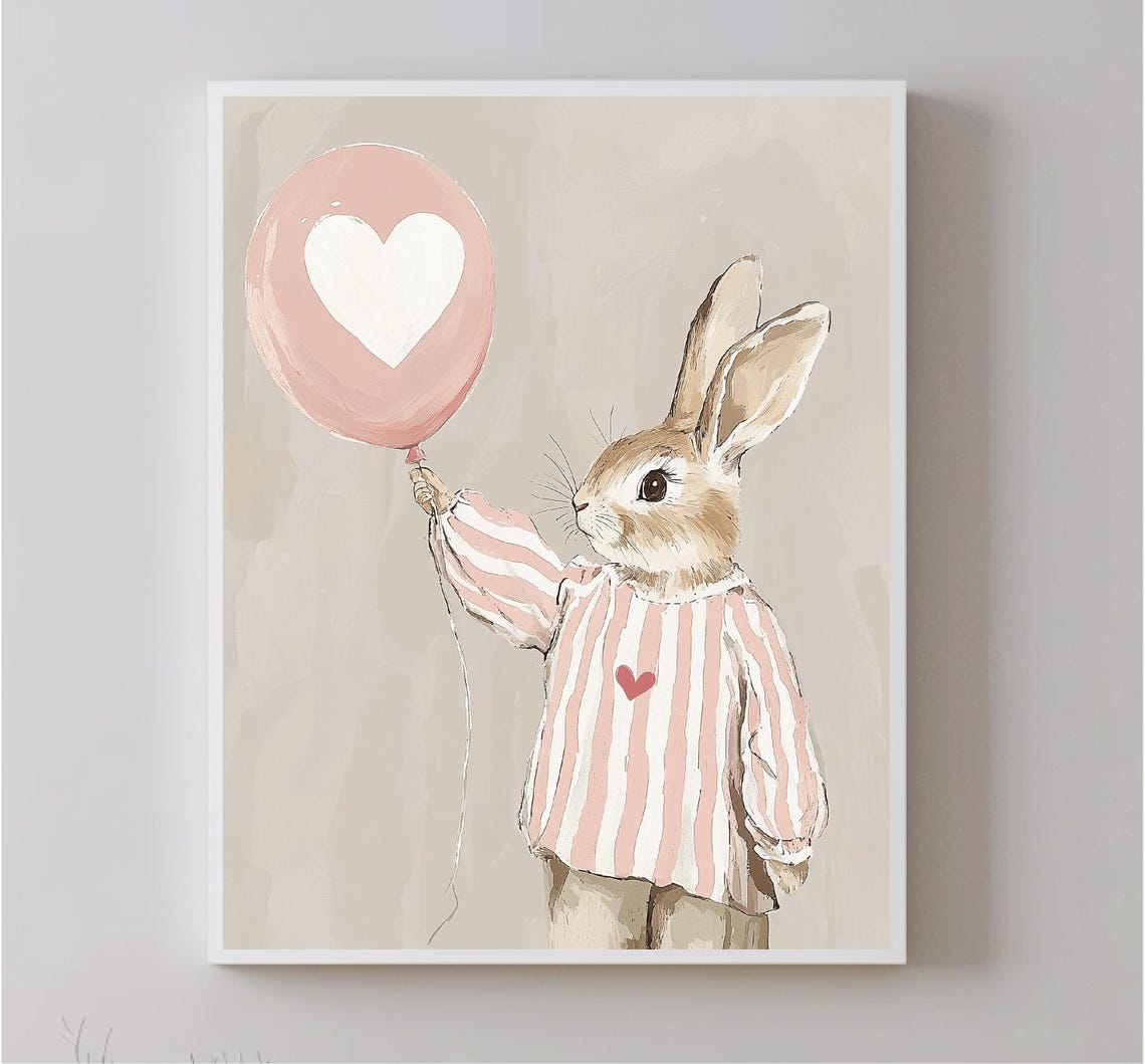 Bunny Rabbit Holding Pink Heart Balloon Watercolor Kids Wall Art