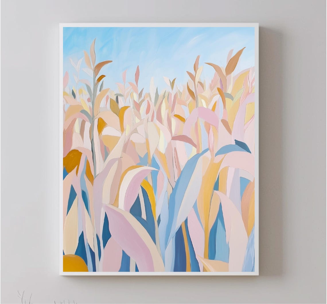 Abstract Pastel Wheat Stalks Blue Sky Modern Botanical Art Print