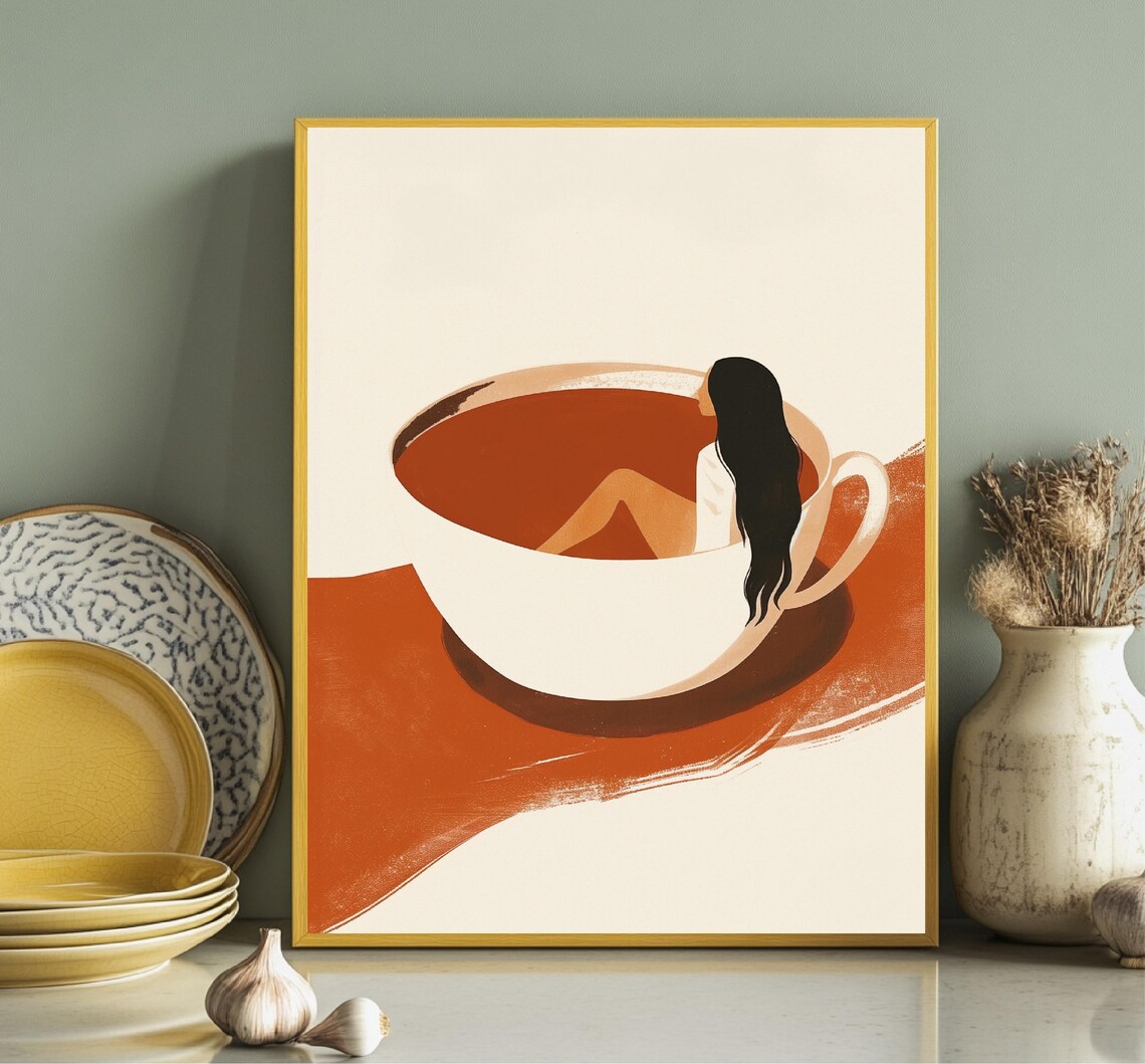 Girl Inside Giant Coffee Cup Illustration Warm Minimalist Wall Art - Image 4