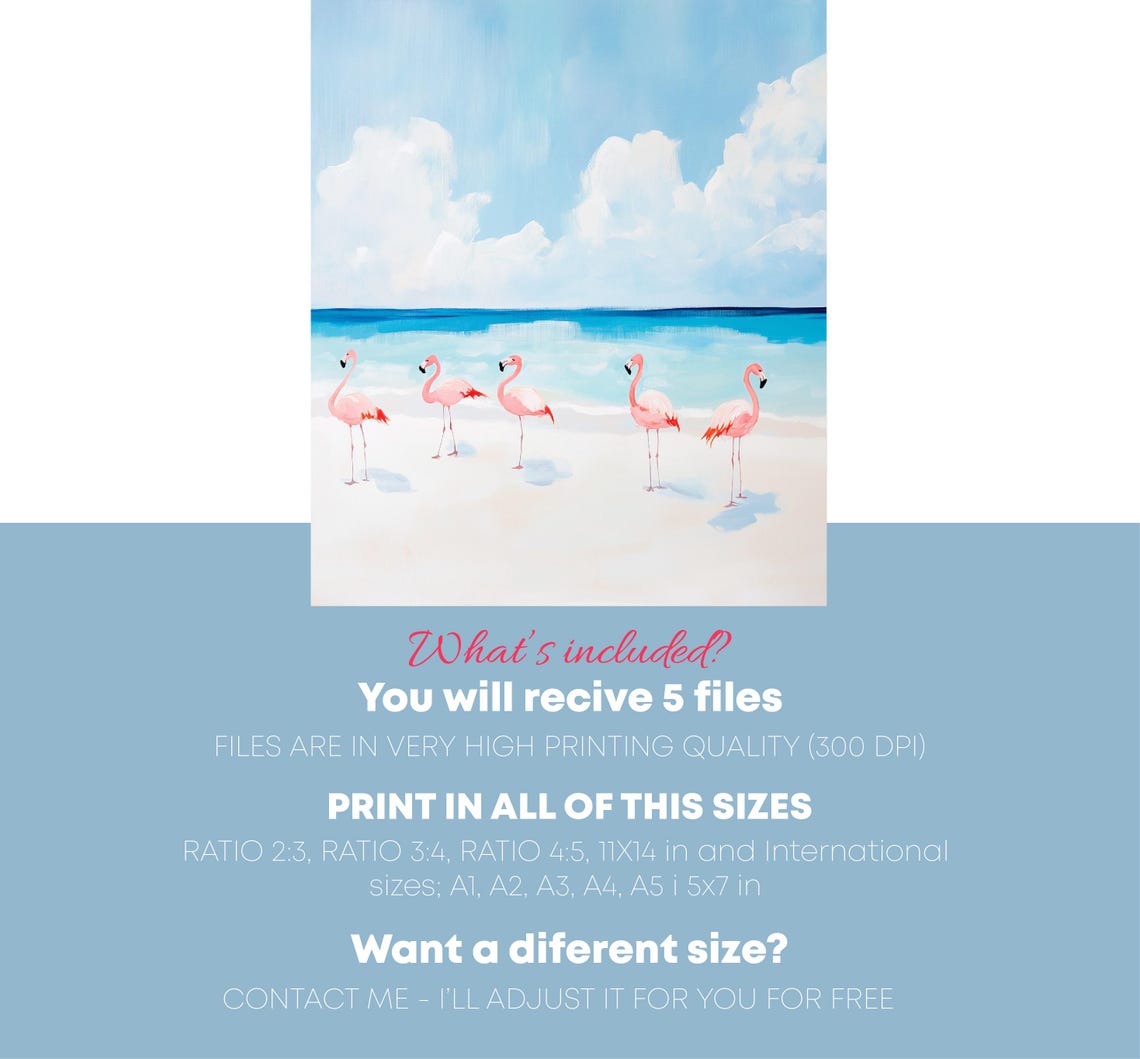 Pink Flamingos On White Sand Beach Turquoise Sea Coastal Art Poster - Image 2