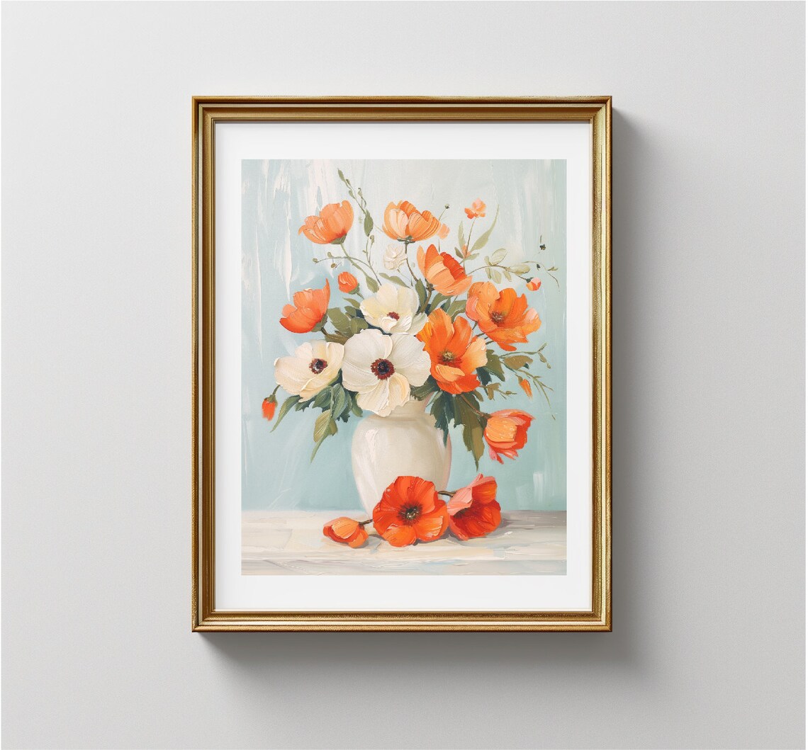Orange Poppies White Anemones Bouquet Vase Floral Still Life Poster - Image 3