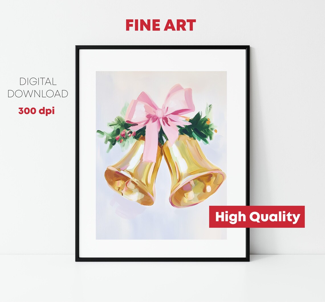 Golden Christmas Bells Pink Bow Greenery Holiday Jingle Art Print - Image 5