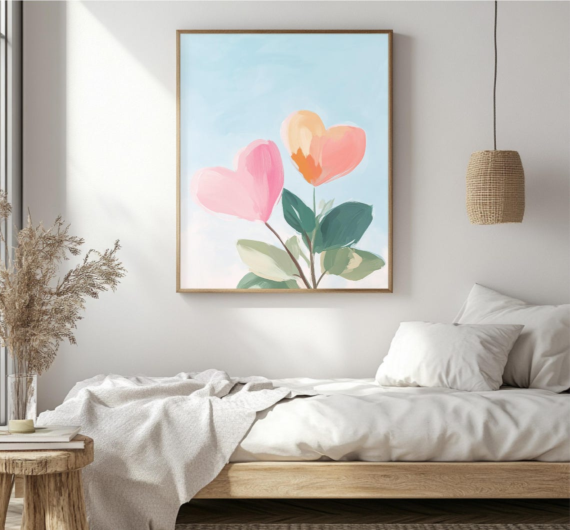Heart Shaped Flowers Soft Watercolor Pink Blooms Floral Wall Art - Image 4