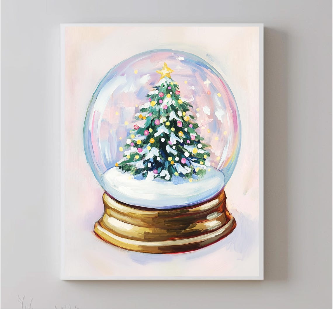 Christmas Tree Snow Globe Gold Base Pink Holiday Keepsake Poster