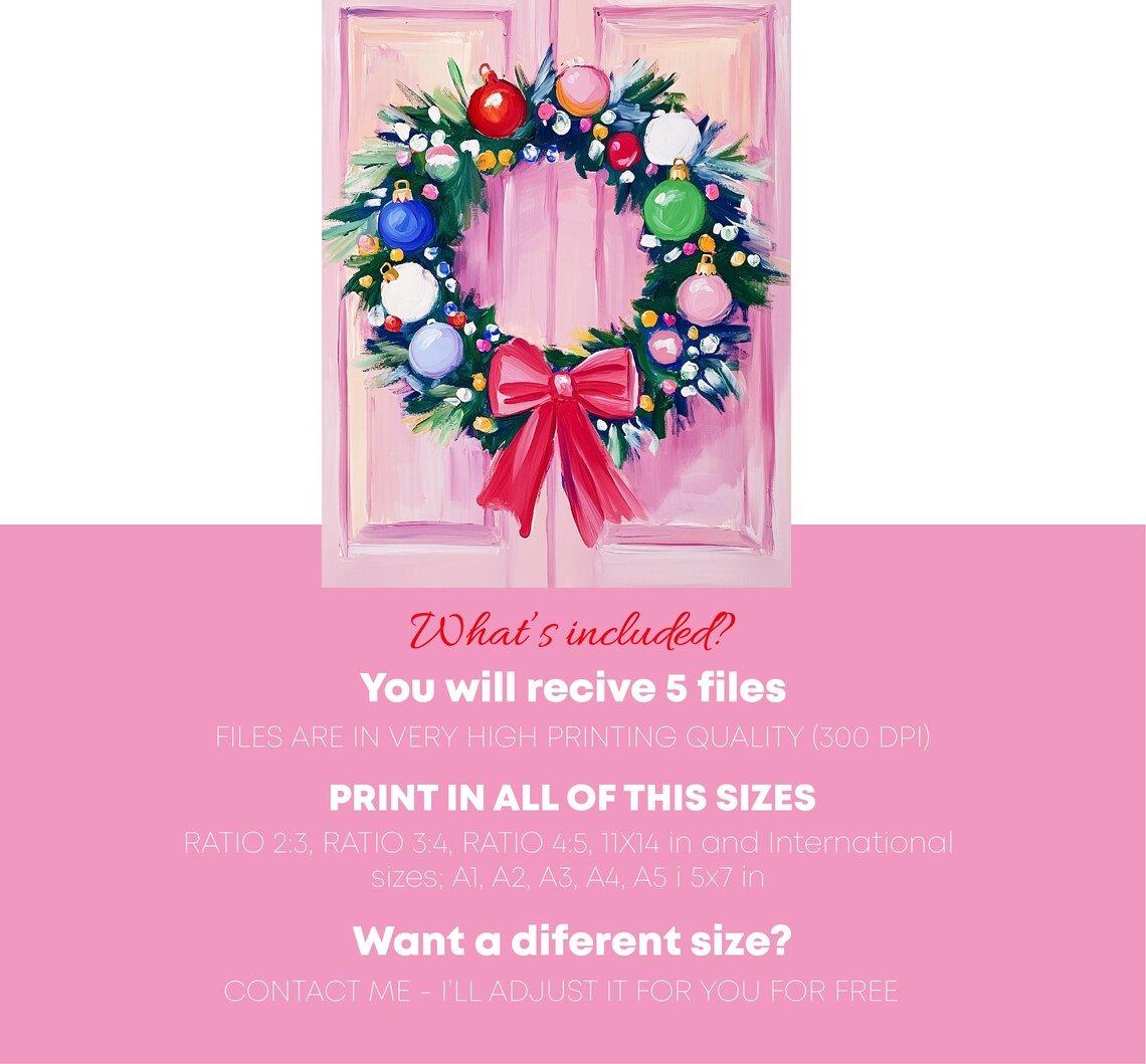 Christmas Wreath Colorful Ornaments Red Bow Pink Door Holiday Print - Image 5