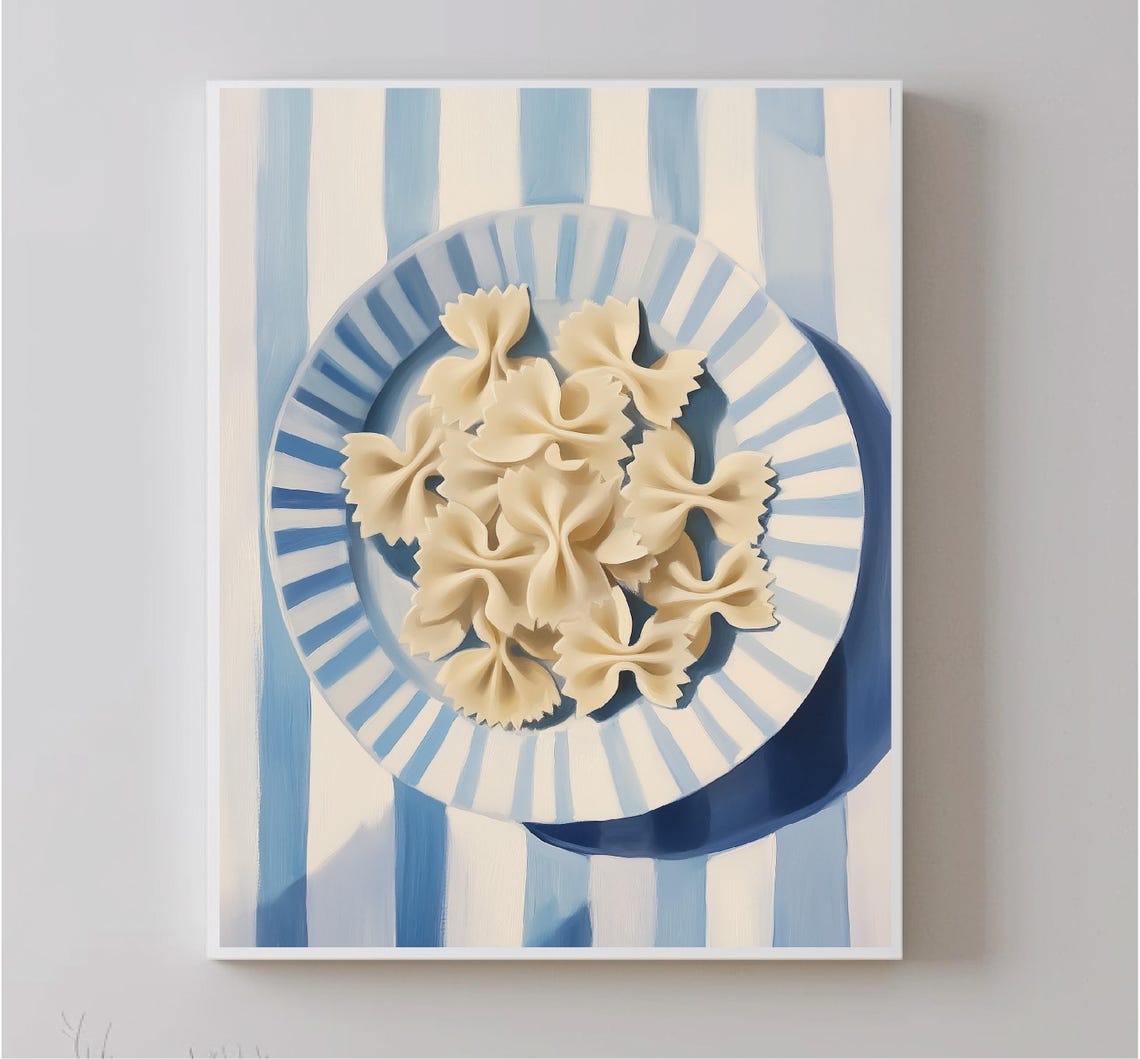 Farfalle Pasta On Blue Striped Plate Top Down Kitchen Art Poster