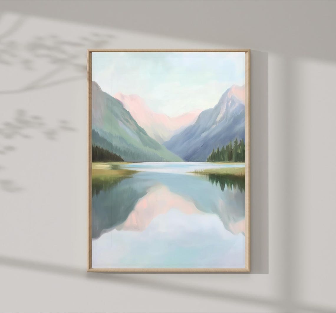 Soft Pastel Mountain Lake Reflection Serene Landscape Art Print