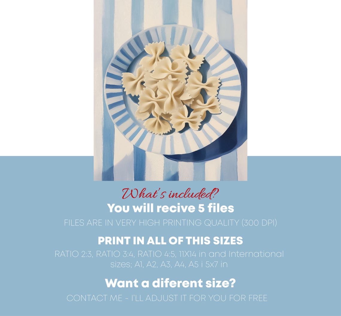 Farfalle Pasta On Blue Striped Plate Top Down Kitchen Art Poster - Image 4