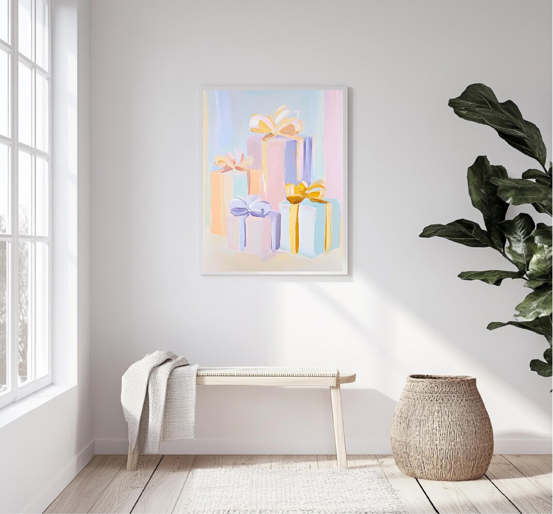 Pastel Christmas Gift Boxes Big Bows Holiday Presents Painting Poster - Image 5