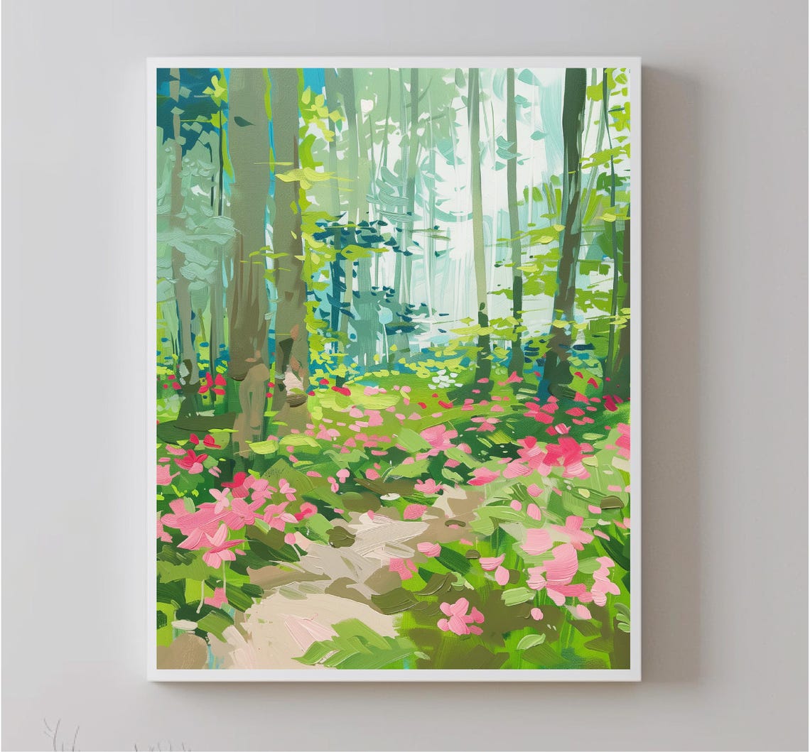 Sunlit Forest Path Pink Wildflowers Impressionist Nature Poster - Image 5