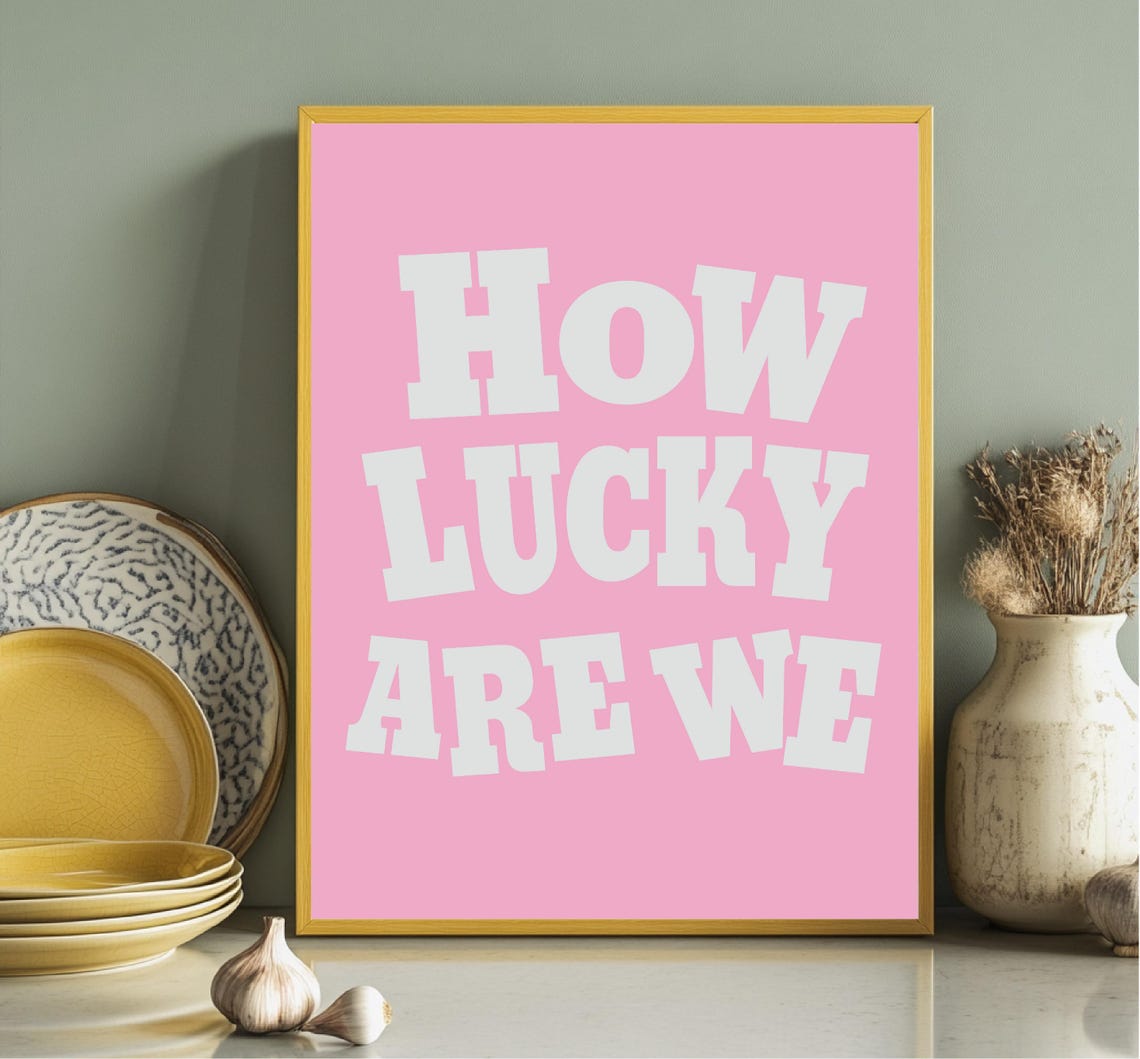 How Lucky Are We White Bold Typography Pink Background Wall Art - Image 3