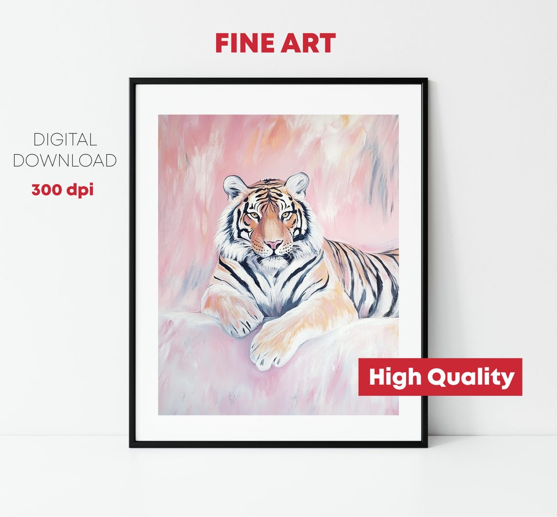 Pastel Tiger Lounging On Pink Background Soft Wildlife Art Poster - Image 2
