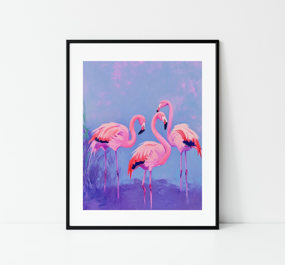 Three Pink Flamingos Purple Twilight Watercolor Coastal Bird Art Print - Image 3
