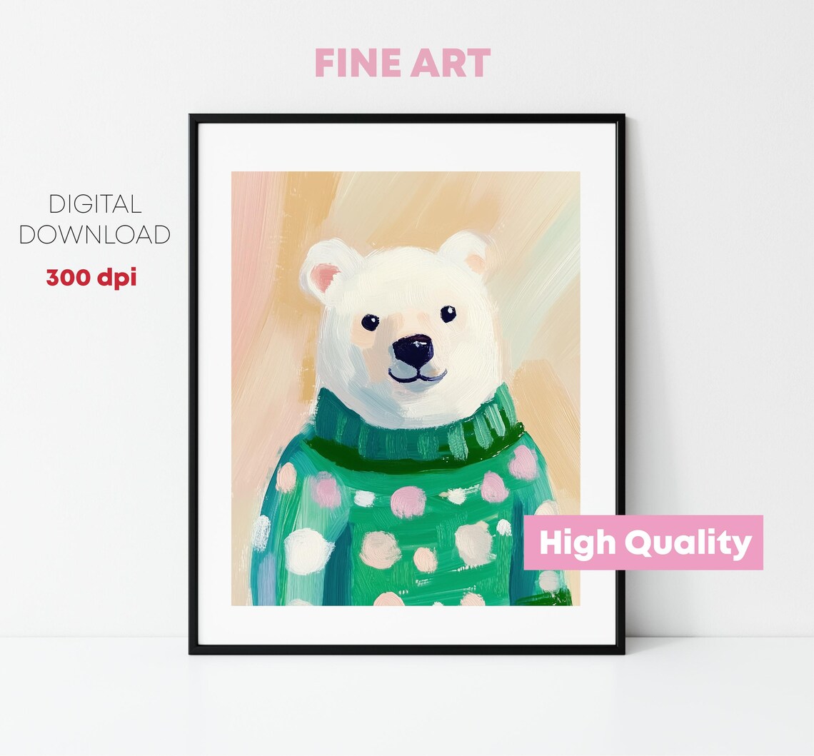 Polar Bear Portrait In Green Polka Dot Sweater Cute Nursery Wall Art - Image 2