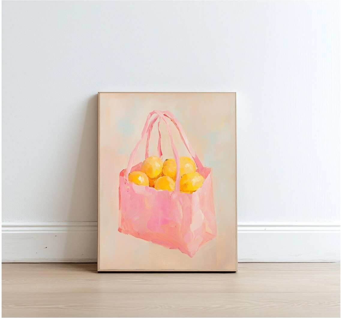Pink Tote Bag Full Of Yellow Lemons Pastel Kitchen Still Life Poster - Image 4