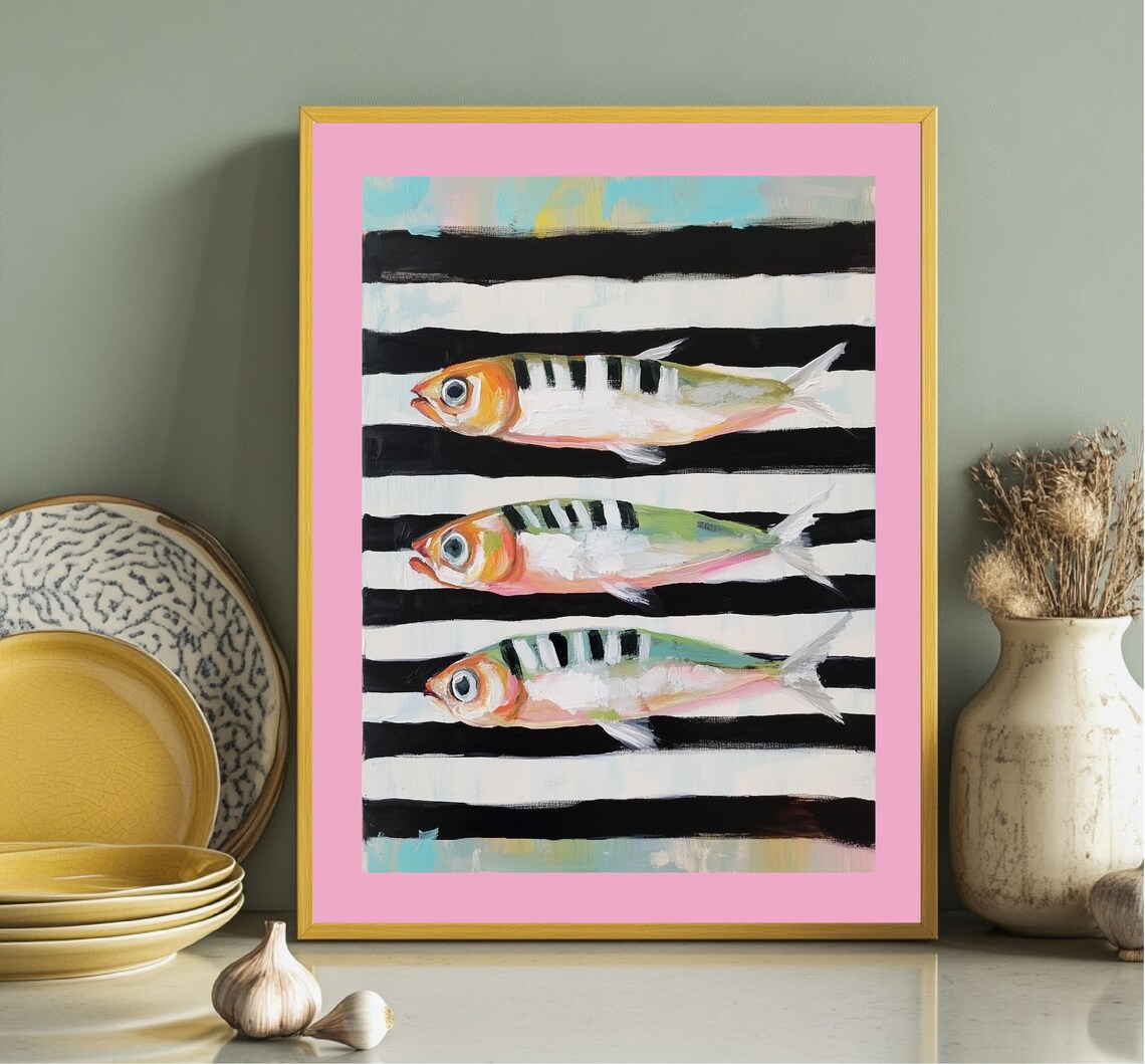 Painted Striped Sardines Trio Pink Border Coastal Kitchen Print - Image 6
