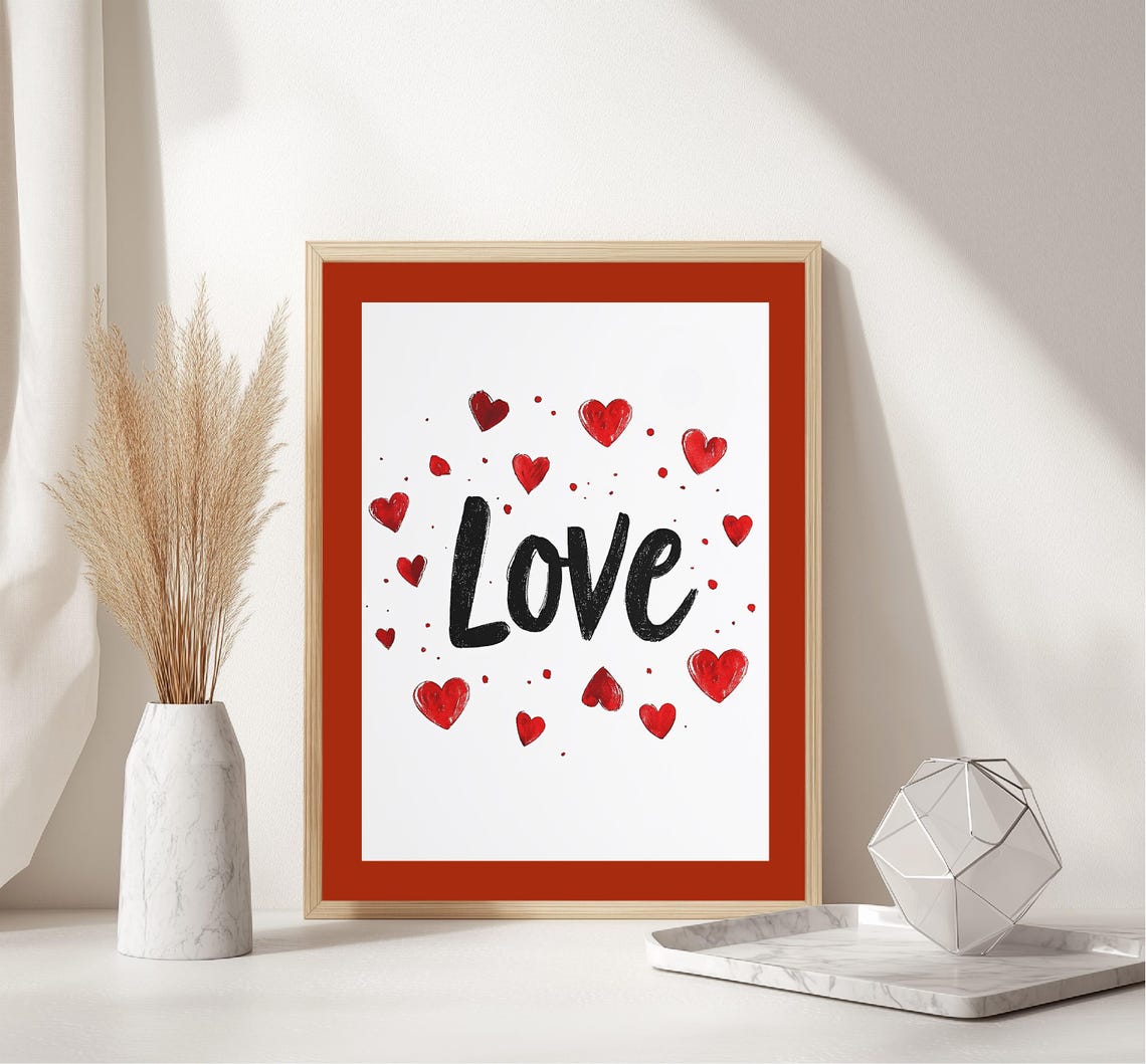 Bold Love Script Typography Red Watercolor Hearts White Poster - Image 5