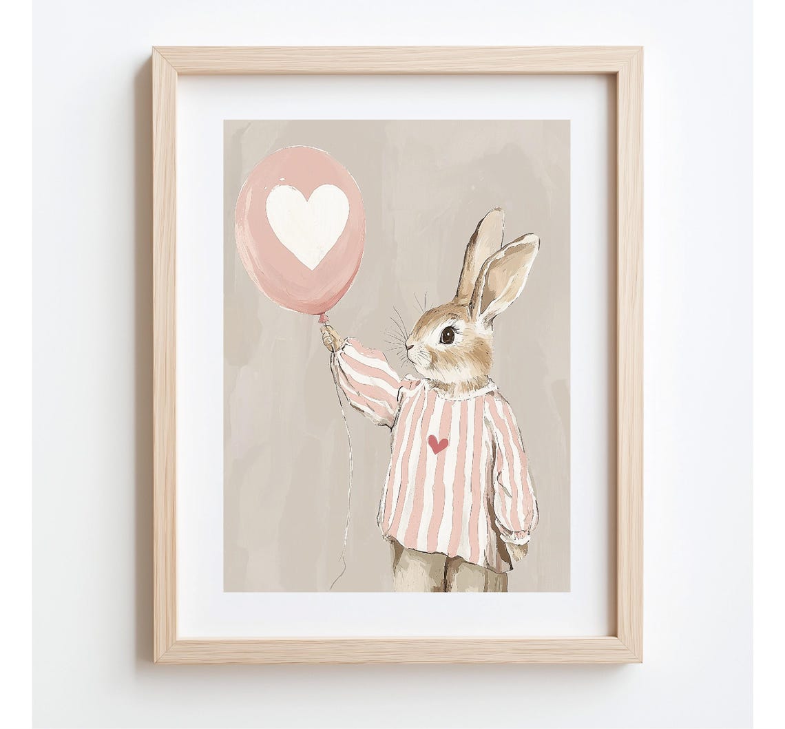 Bunny Rabbit Holding Pink Heart Balloon Watercolor Kids Wall Art - Image 4