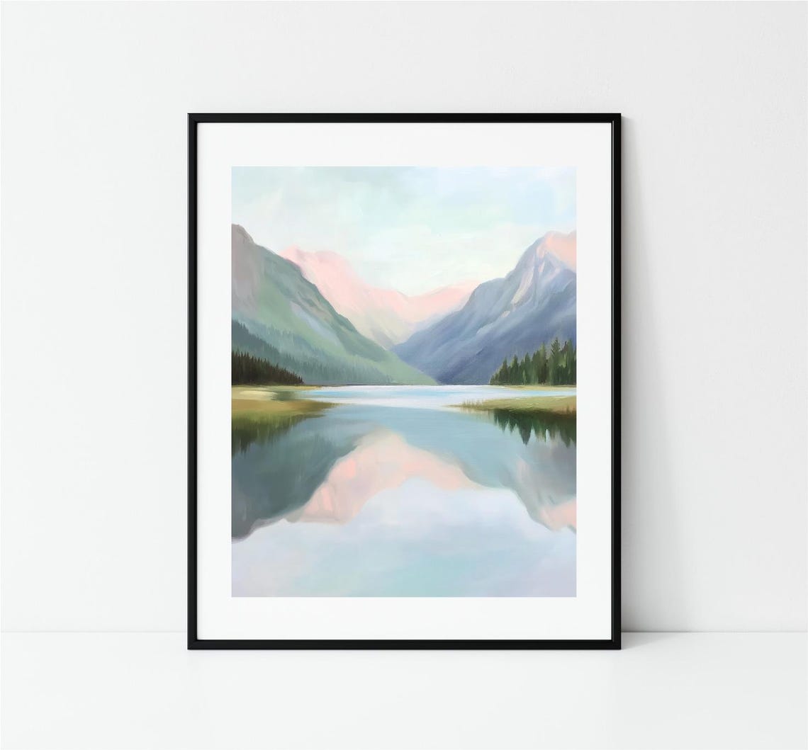 Soft Pastel Mountain Lake Reflection Serene Landscape Art Print - Image 3