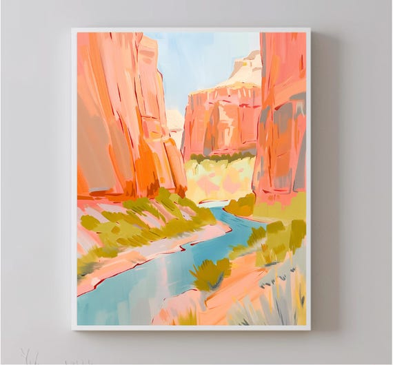 Painting Pastel Colors Of Jungle Cliffs And River Wall Art For Print Home Decoration Tropical Landscape