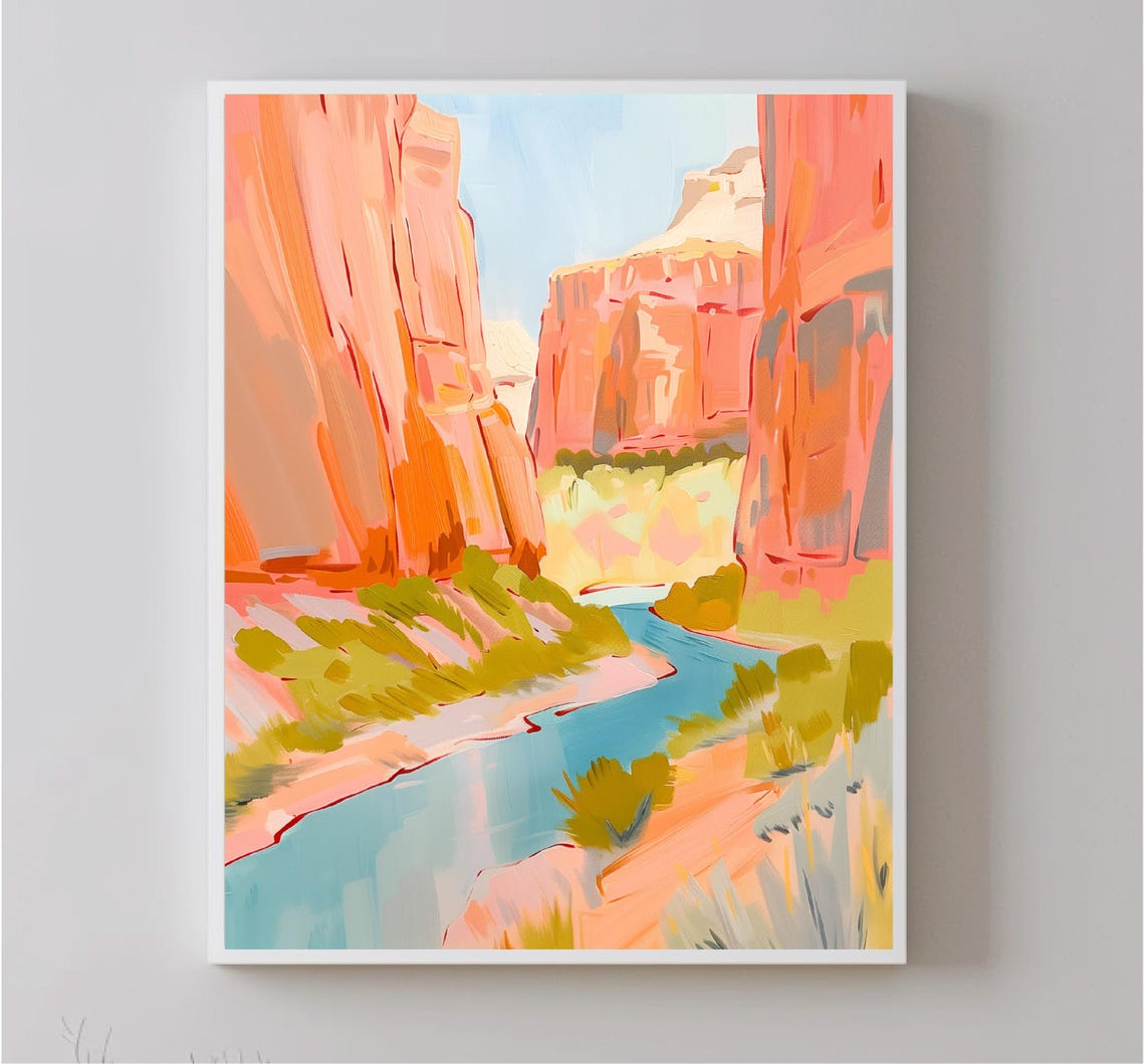 Pastel Canyon Cliffs With Blue River Desert Landscape Art Poster