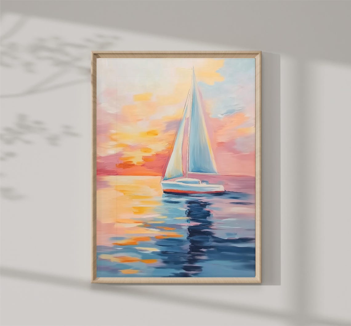 Sailboat Sunset Reflection Pink Sea Impressionist Nautical Poster